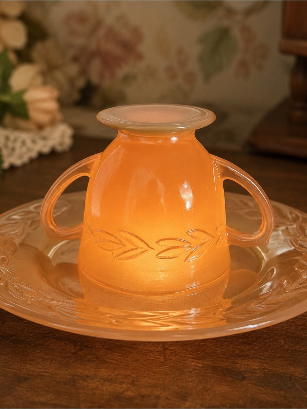 Vintage Fire-King Peach Leaf Sugar Bowl Plate Fairy Lamp
